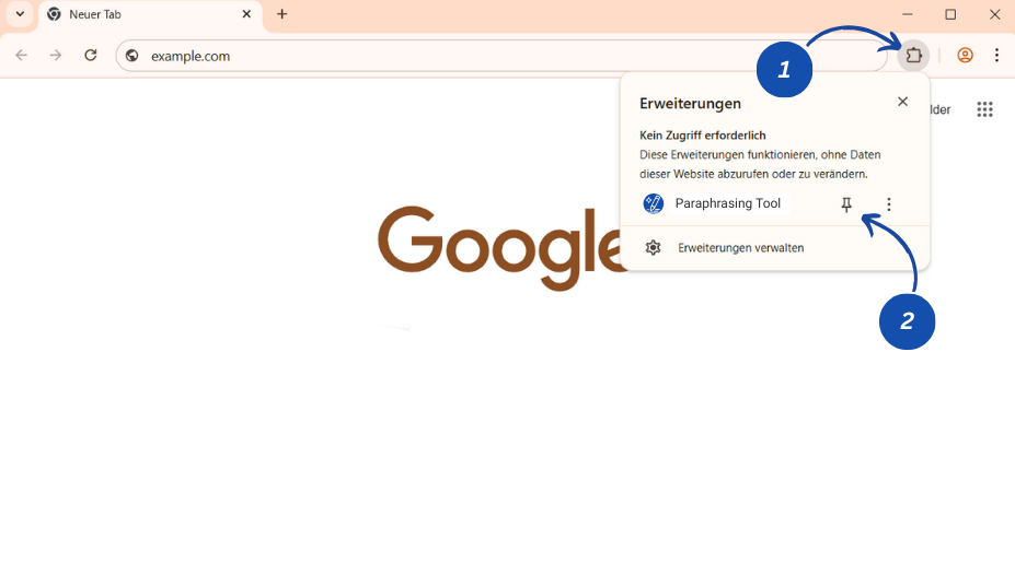 Screenshot showing how to pin the Paraphrasing Tool extension in Chrome.